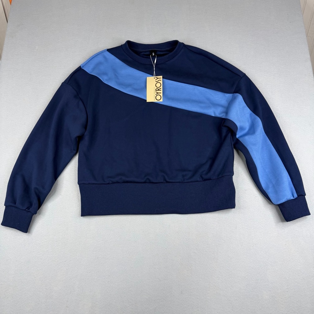 Oyrosy Colorblock Crewneck Sweatshirt Blue Navy Athleisure Pullover NWT M
